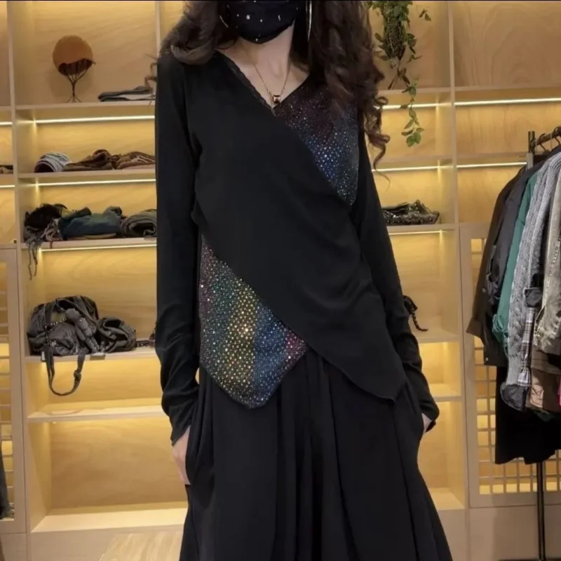 Ropa de mujer Vintage retales de lentejuelas diseño asimétrico camiseta elegante mujer Y2K moda Casual cuello en V manga larga Tops sueltos