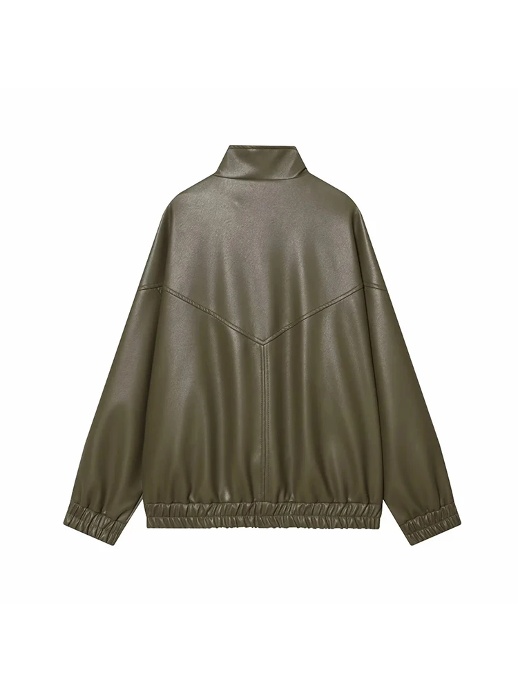 Giacca da donna nuova in pelle Pu per il tempo libero con risvolto manica lunga con cerniera colletto alla coreana giacche da pilota capispalla femminile chic da strada
