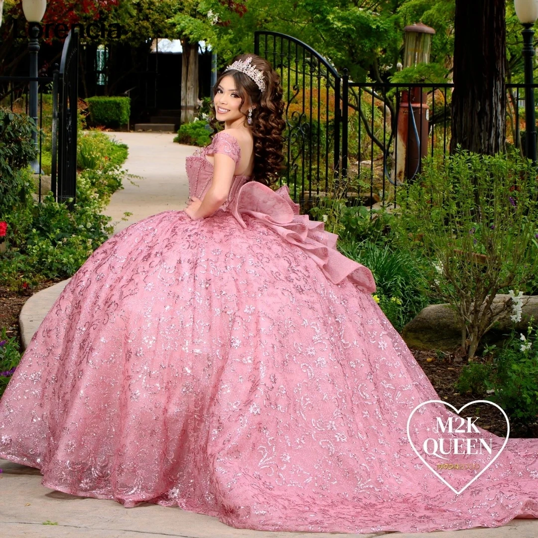 

Lorencia Shiny Pink Quinceanera Dress Ball Gown Sequins Applique Beaded Crystals Bow Mexico Sweet 16 Vestidos De 15 Años YQD885