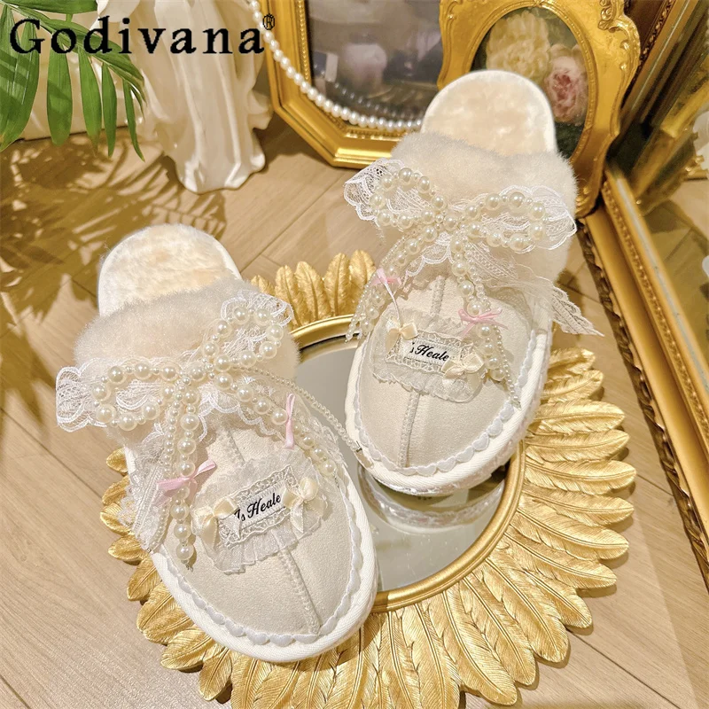 

Sweet Princess Style Furry Slippers for Women Spring Cute Lace Bow Thick Sole Slippers Female Japanese Outdoor Cotton Slippers