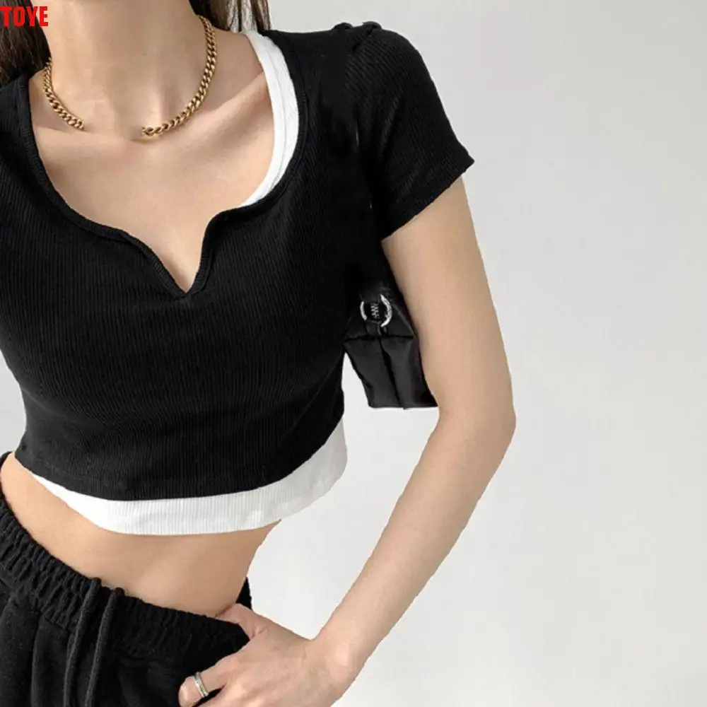 

Ins Y2K Fake Two Pieces Top Patchwork V-neck Slim Crop Top Women Bottoming Shirt Spicy Girl Short Sleeve T-shirts Girls