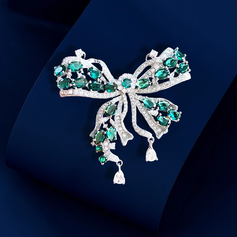 OKILY Luxury Green Zircon Bowknot Brooch for Woman's Delicate Shinying Bow Corsage Unique Broche Clothing Suit Accessory Jewelry