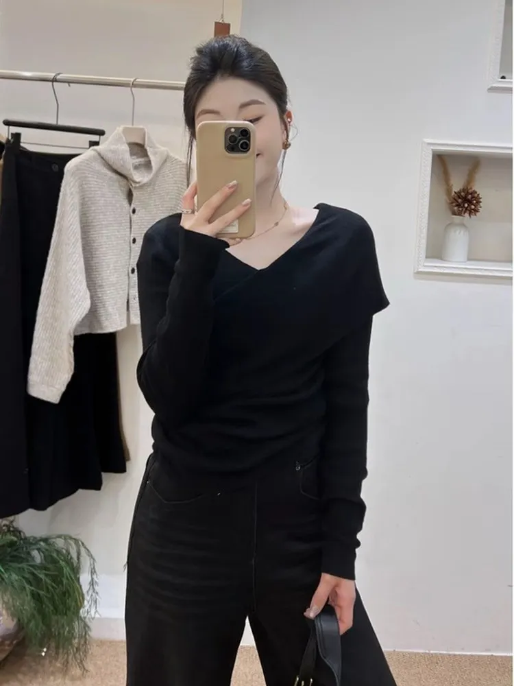 Koreanisches Sle Long Sve Cross Strickoberteil Damen Slim Fit Base Layer irt V-Ne Weich Bequem Alltagskleidung Faionable