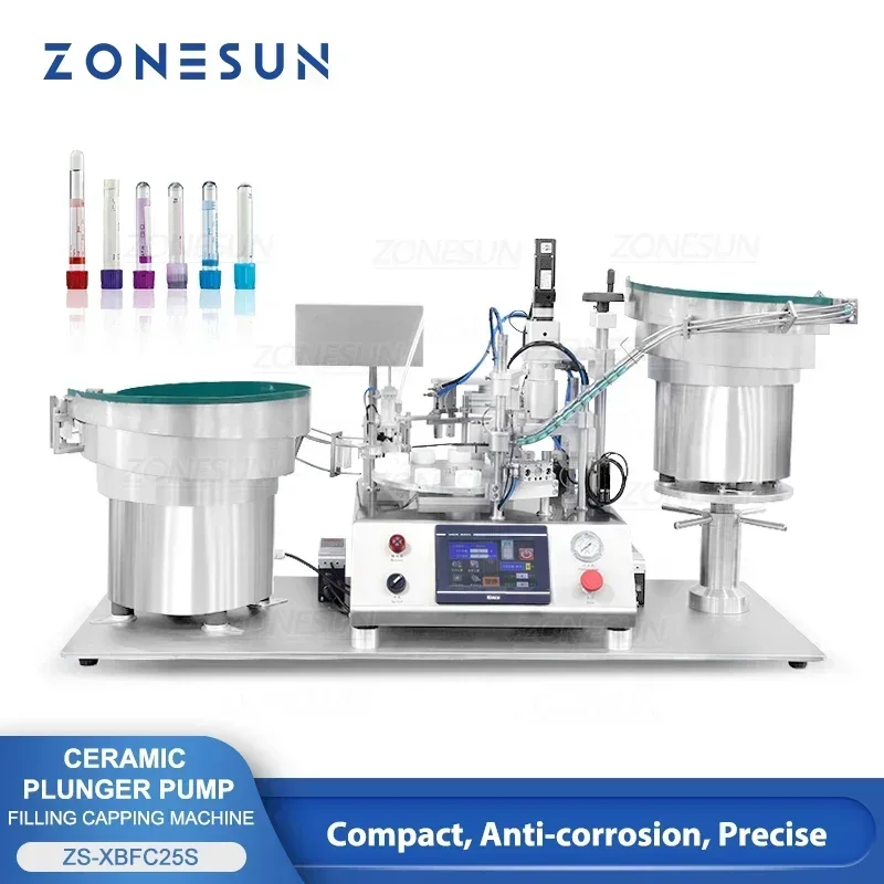 ZONESUN ZS-XBFC25S Riempitrice e tappatrice automatica per tubi campioni con sistema di alimentazione del tappo per l'imballaggio di reagenti per fiale