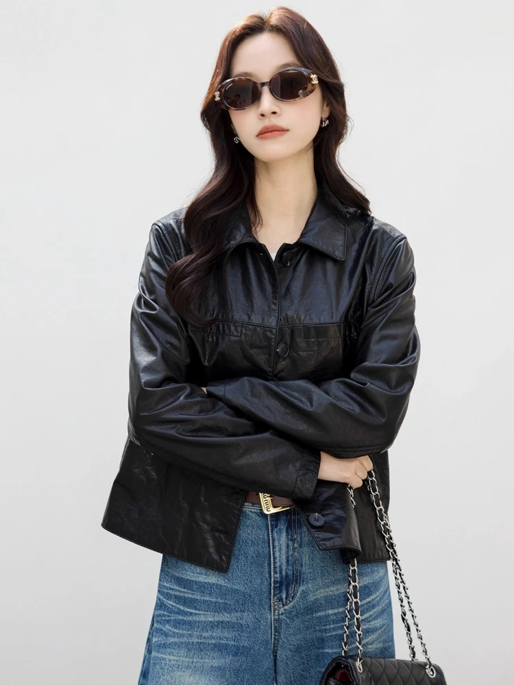 سترات دراجة نارية من الجلد الطبيعي باللون الأسود للنساء لربيع وخريف 2025 معطف جديد عالي الجودة بسيط وبسيط من جلد البقر الحقيقي #4