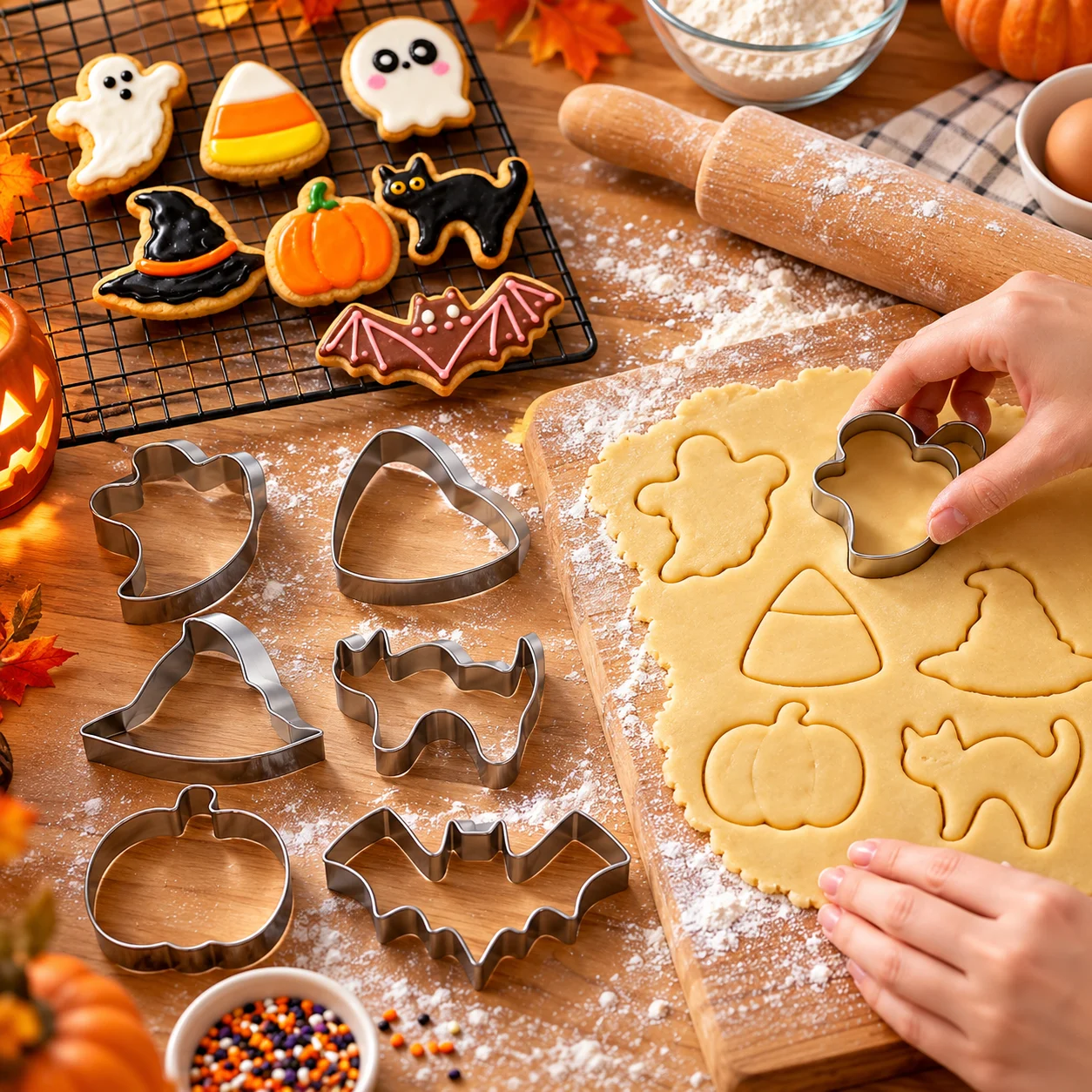7PCS Halloween Cookie Cutter Set, Food Grade Stainless Steel, Pumpkin Ghost Bat Skull Molds, Smooth Edges, For Home DIY Baking
