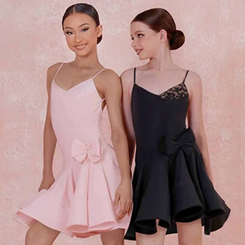 Girls Latin Dance Dress Summer Suspender Pink Black Lace Dress Cha Cha Ballroom Dance Competition Clothing Practice Wear NV20712