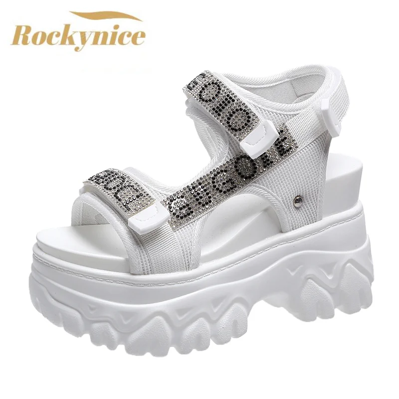 

High Platform Sandals Women Bling Wedges High Heels 2022 Summer Buckle Crystal Chunky Sandalias Beach Slippers Zapatos Mujer 9CM