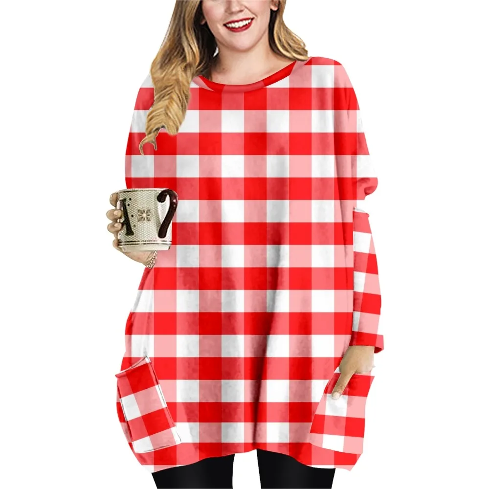 NEW Lattice Print  Loose Casual Style Ladies T-shirt Double Pocket Dress Round Neck Long Sleeve Dress-