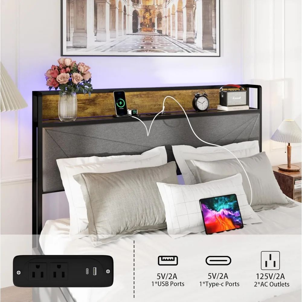 Bed Frame with Storage Headboard & 4 Drawers, Grey Bed Frame with LED Lights & Charging Station, Sturdy Metal Platform & Slat image 3