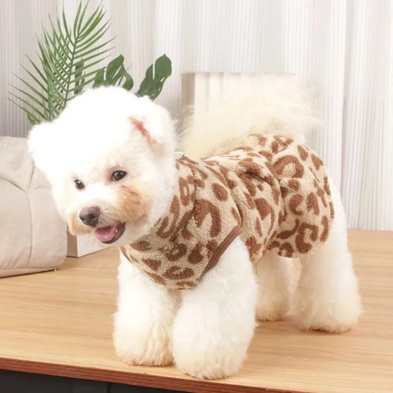 Leopard Dog Dress Coat Winter Fleece Pullover Sweatshirt Pet Clothes Sleeveless Vest Hoodies Puppy Skirt For Small Dogs