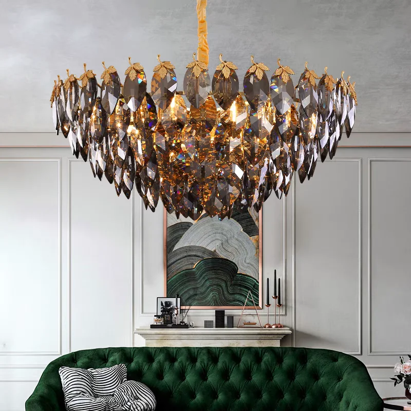 

Luxury Smokey Crystal Chandeliers Gray Leaves LED Ceiling Light for Living Room Dining Room Hotel Lobby Decor Lamp Gold Lustre
