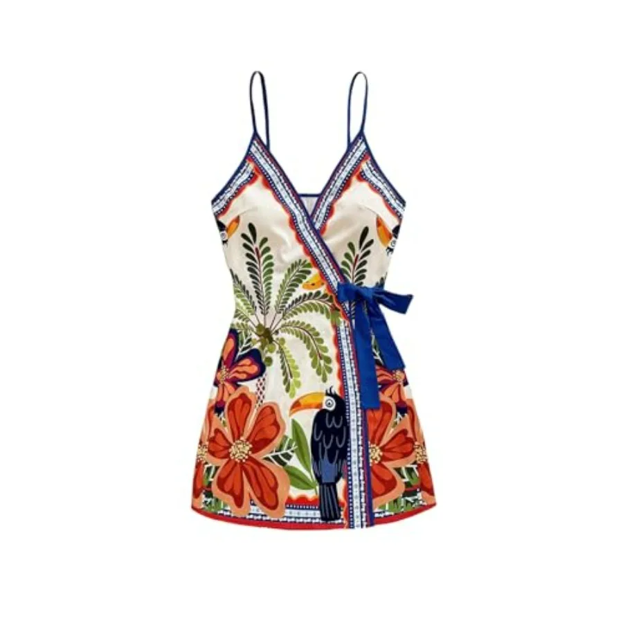 

SOLY HUX Women's Tropical Print Mini Dress Summer Wrap V Neck Bow Tie Vacation Dresses
