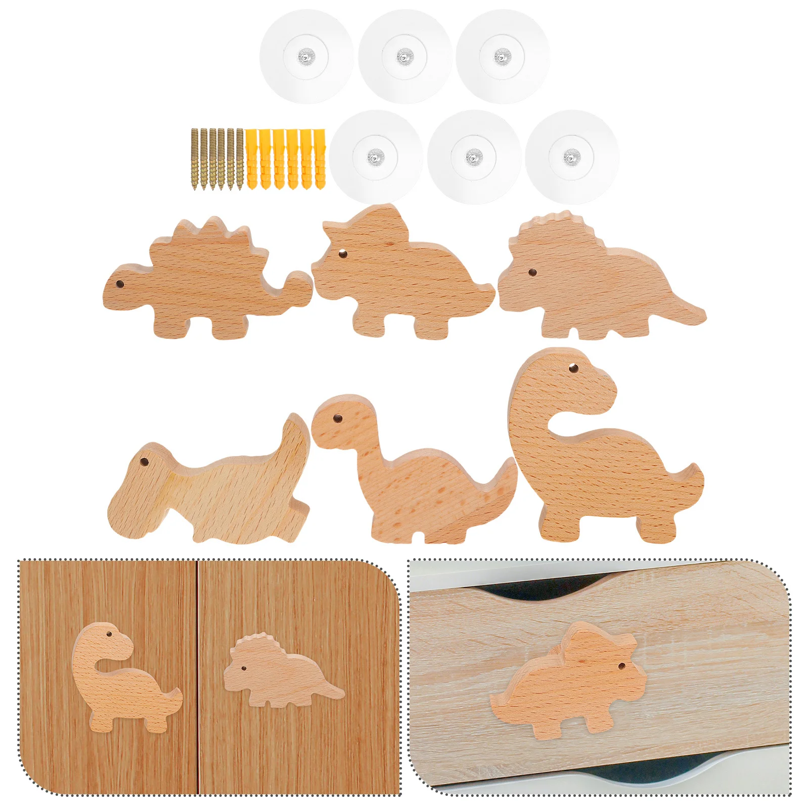 

6Set Wooden Dinosaur Cabinet Knobs Adorable Shapes Easy Install Dresser Nursery Decorative Pulls Handles