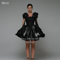 Qanz Black Glitter Prom Dresses Bow Straps Short A Line Satin Birthday Dress Woman Sexy Lace Up Back Party Dresses Customized