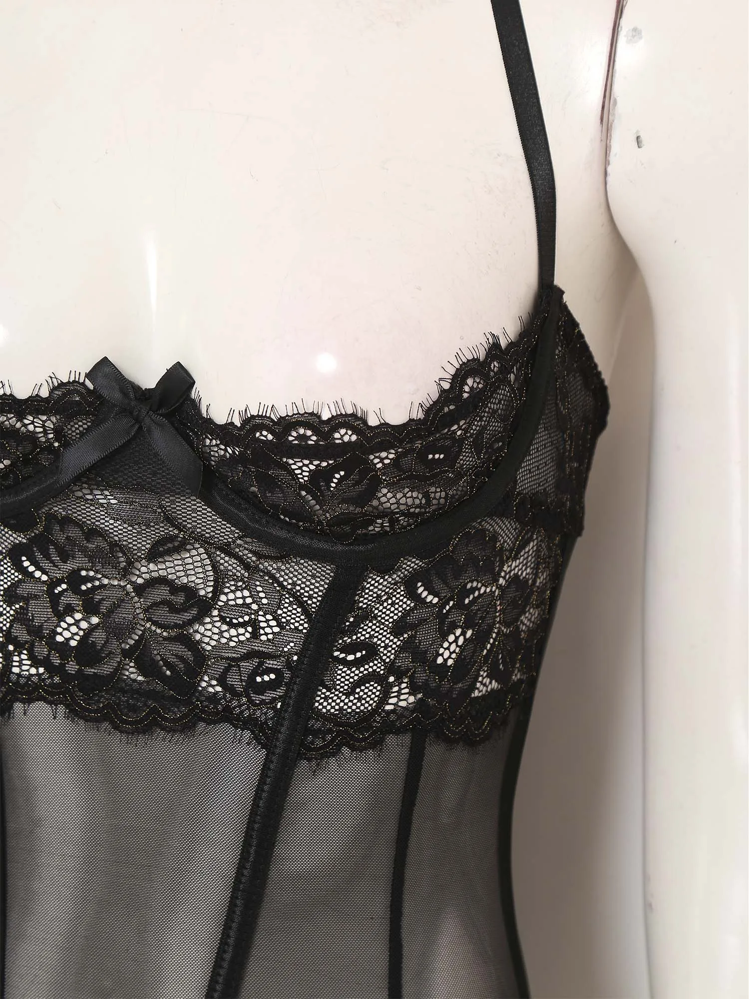 

Women Sexy See Through Floral Lace Lingerie Dress with Thigh High Stockings and T-back Thongs Babydoll Chemise 3 Piece Nightwear