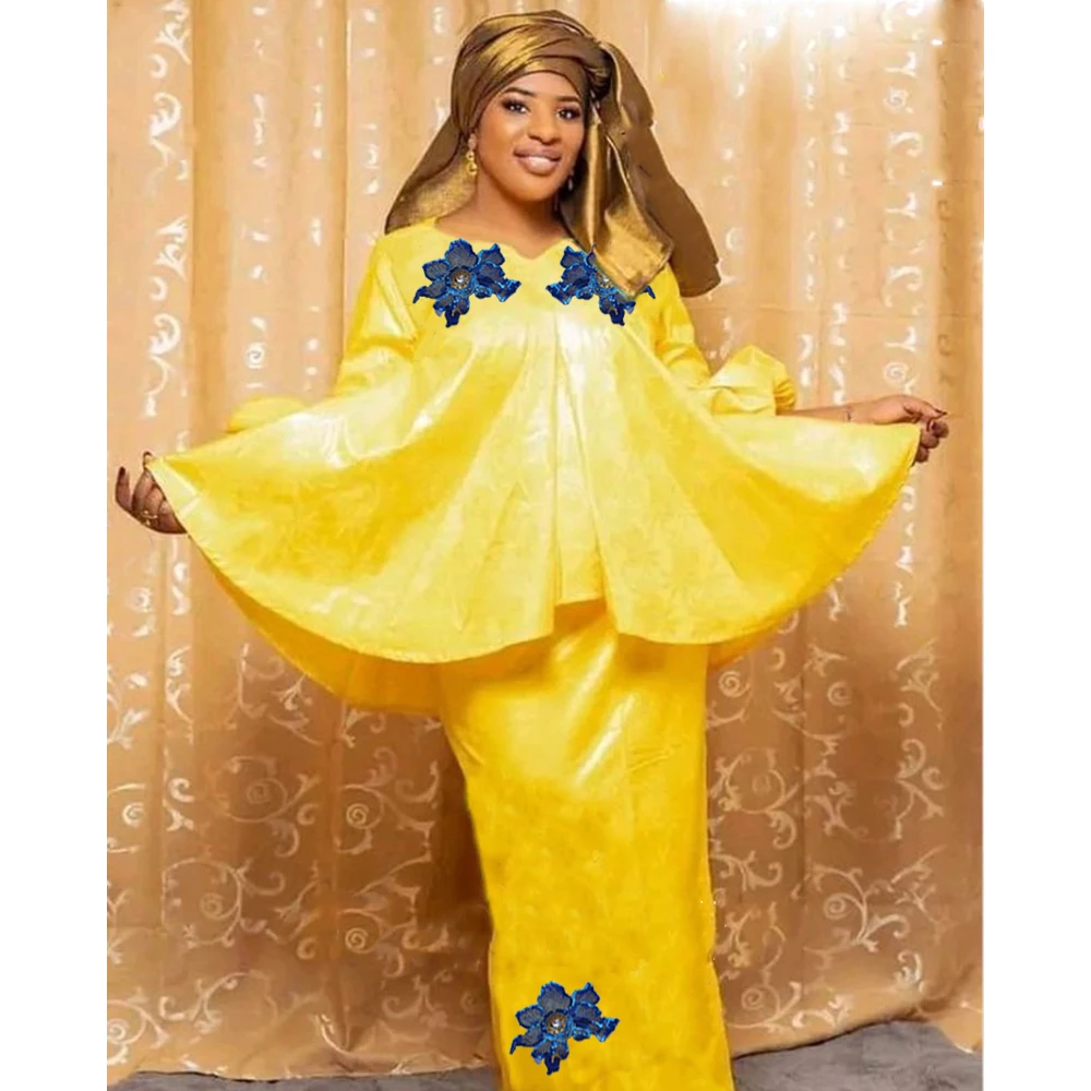 

Yellow Bazin Riche Clothing For Nigeria Ceremony Long Dresses With Scarfs Top Quality Free Size Bazin Riche Dashiki Robe Dresses