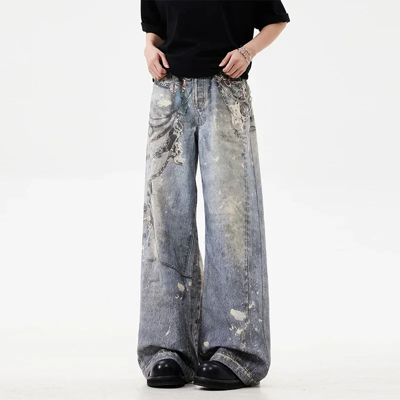 

3D Chain Printed Baggy Jeans for Men and Women Casual Baggy Straight Denim Pants High Street Wide-leg Y2K Blue Jean Baggy Jeans