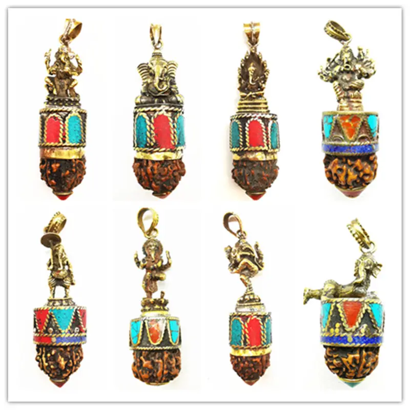 Indian Ganesh Amulet Pendants Pocket Buddha Brass Golden Handicrafts Capped Rudraksha Bodhi Beads TBP661