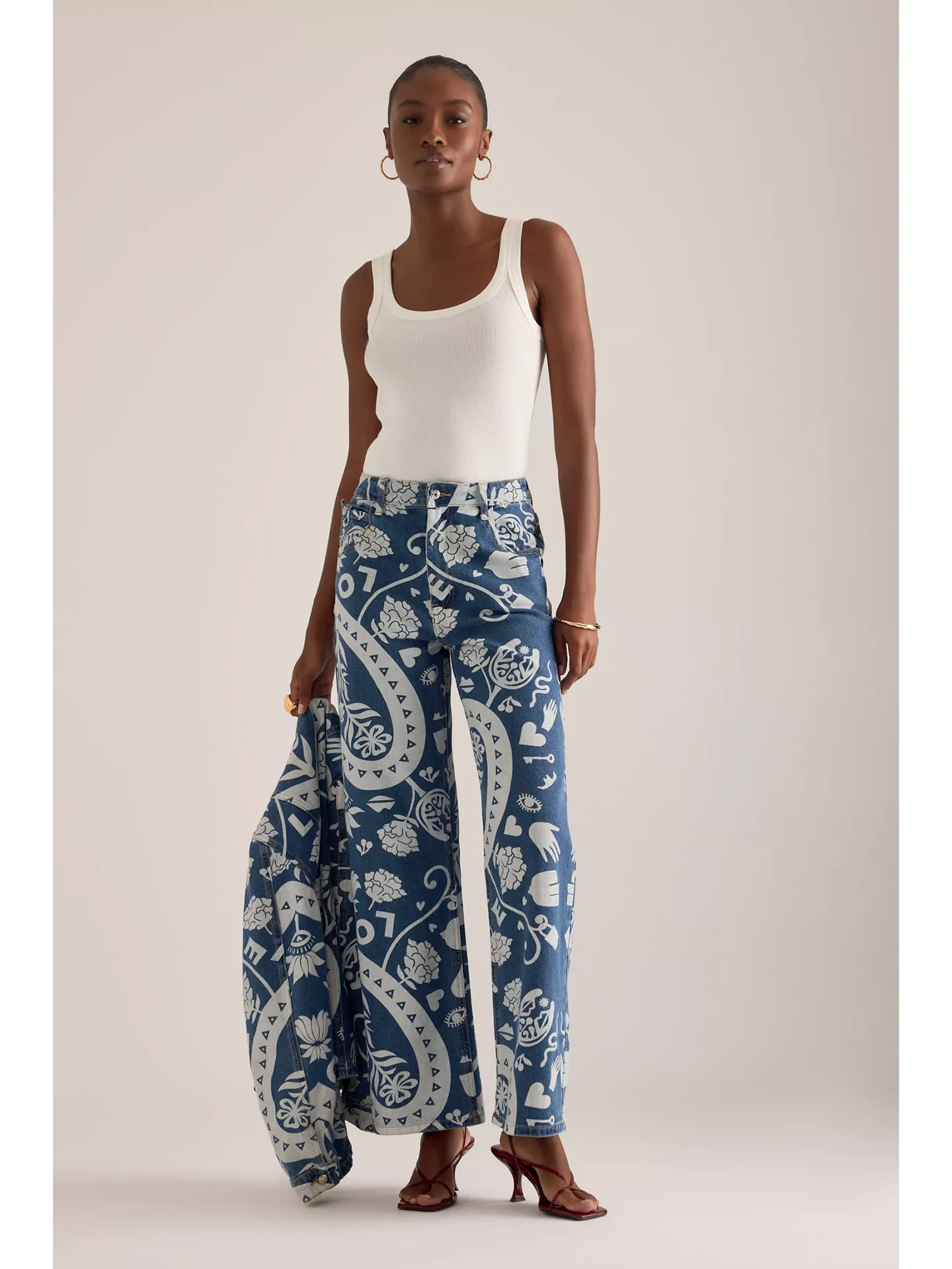 

Elegant Printed Wide Leg Elastic Denim Jeans High Waist Zipper Closure Cotton Washed for Daily Wear All Seasons Ladies Loose Fit