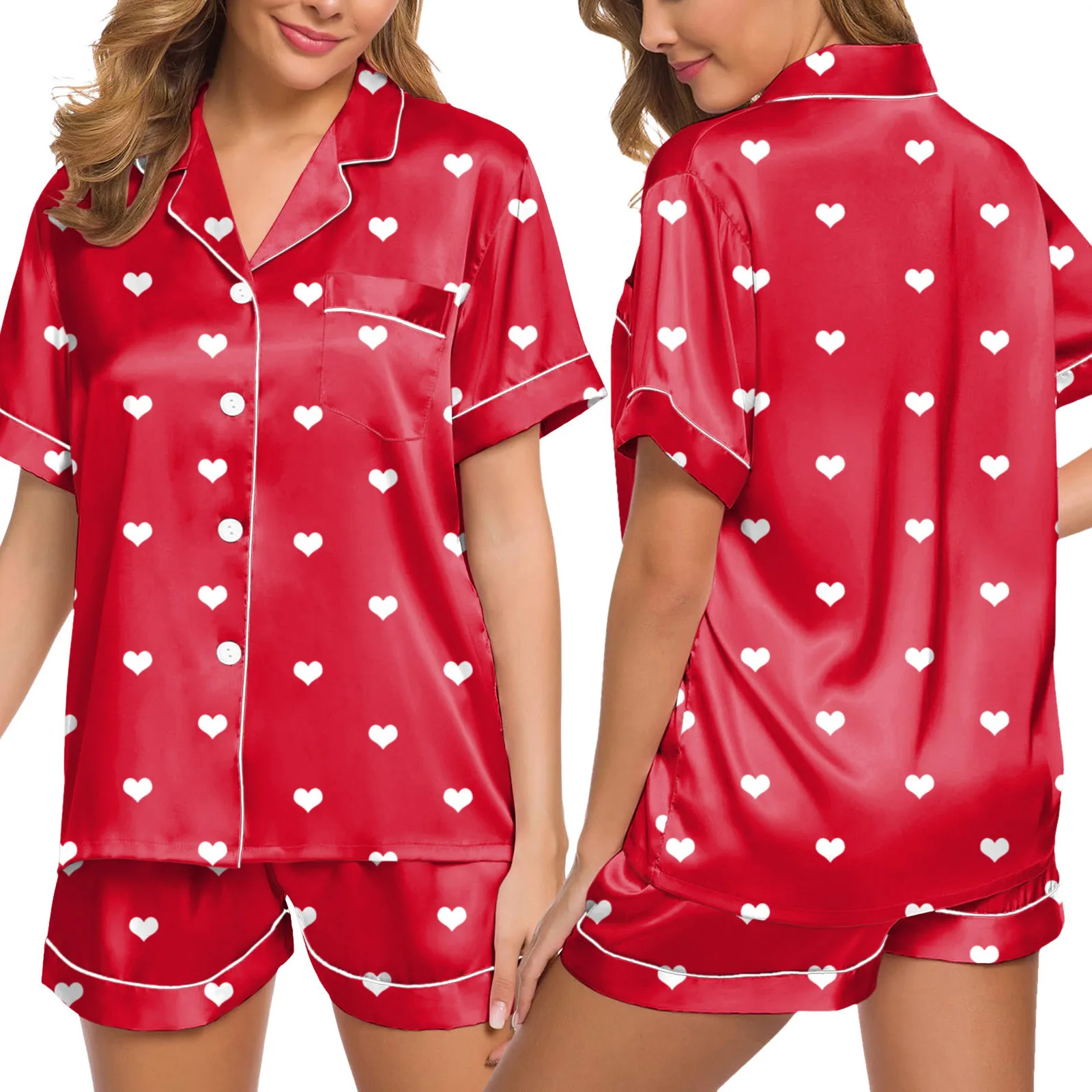 Heart Print Womens Silk Satin Pajamas Set For Ladies Valentine'S Day Sleep Two Piece Set Solid Color Loose Casual Sleepwear