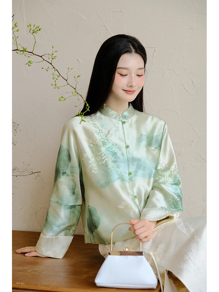 

New 2025 Chinese Sle Loose Simple Watercolor Print Embroidered Cysanthemum Jaet Women's Faion Autumn Outerwear