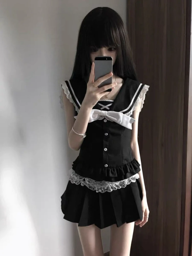 اليابانية نمط Preppy الحلو JK ملابس النساء البحرية طوق القوس بلوزات من الدانتيل + مطوي تنورة جديدة جميلة موضة سليم 2 قطعة مجموعات 2025