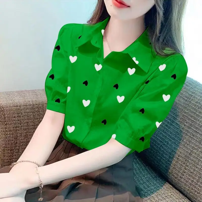 Korean Women\'s Clothing Printing Short Sleeve Shirts Ladies Casual All-match Tops Turn-down Collar Summer Office Lady Blouses