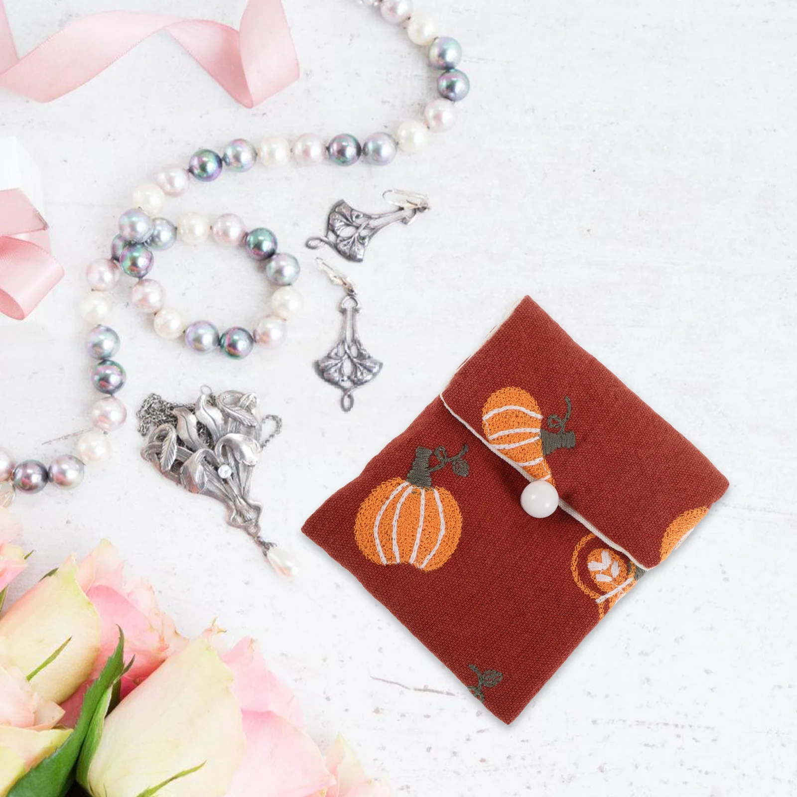 

Small Red Cotton Linen Embroidered Jewelry Storage Bag for Travel Organizing Rings Earrings Necklaces Pouch Drawstring Coin