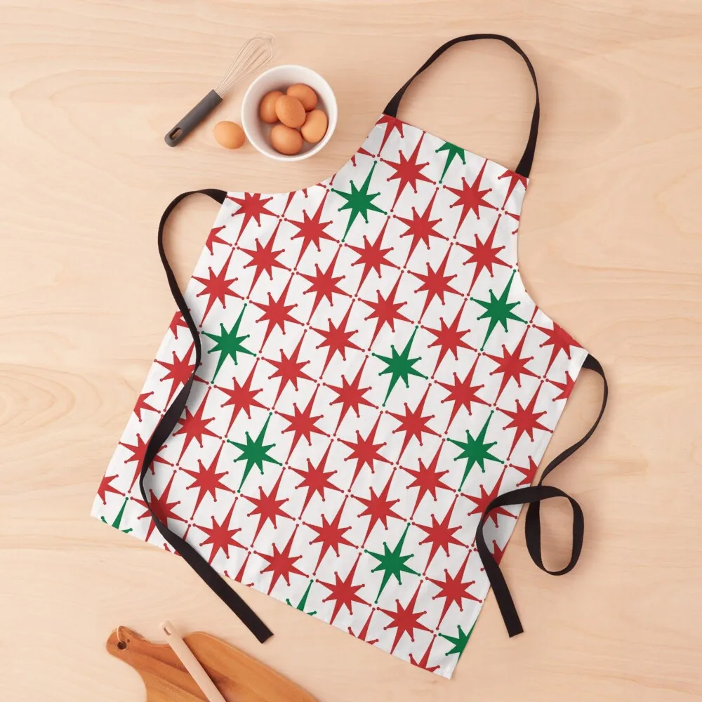 

Atomic Age 1950s Retro Vintage Mid-Century Modern Starburst Pattern in Christmas Red Green White Apron Chef Accessories Apron