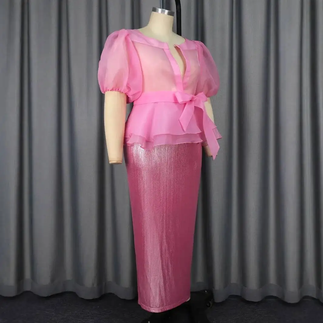 Ärmel Sexy Puff Sheer Bowknot Bluse Slim Fit, Figurbetontes Kleid Elegantes Zweiteiliges Set Designer 2025, Sommerkleid Robe Vestido Frauen