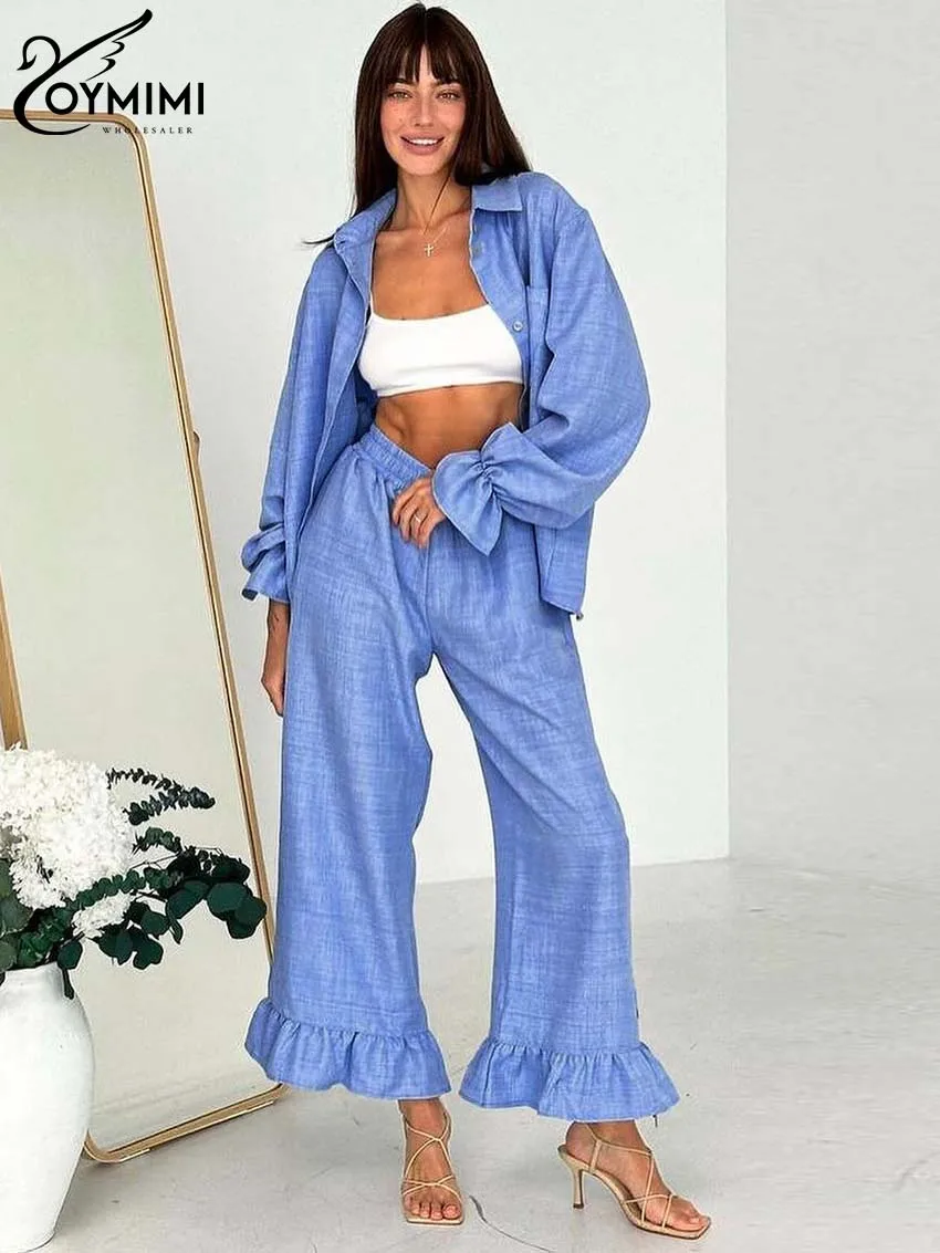 

Oymimi Elegant Blue Two Piece Set For Women Casual Long Sleeve Lapel Button Shirts And High Waist Ruffled Trousers Female Sets