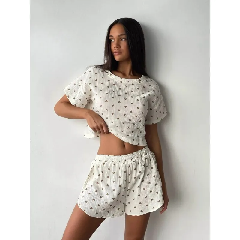Thin Love Printed Crepe Yarn Pure Cotton Pajamas Women\'s Short-sleeved Slit Shorts