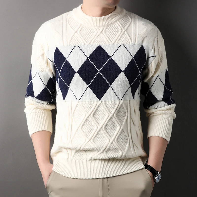 

Personality checkered jacquard knitted men's sweater luxurious brand comfort warm new fashion color blocked round neck pullover