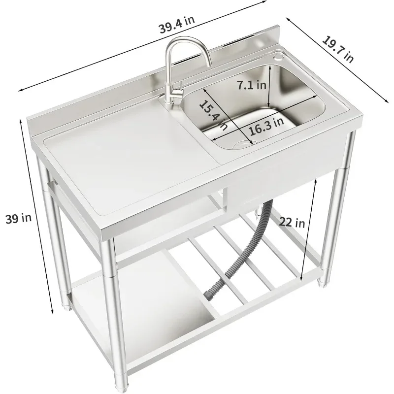 Commercial Restaurant Kitchen Sink, Stainless Steel Single Bowl Utility Sink Set, Outdoor Sink with Workbench & Storage Shelve