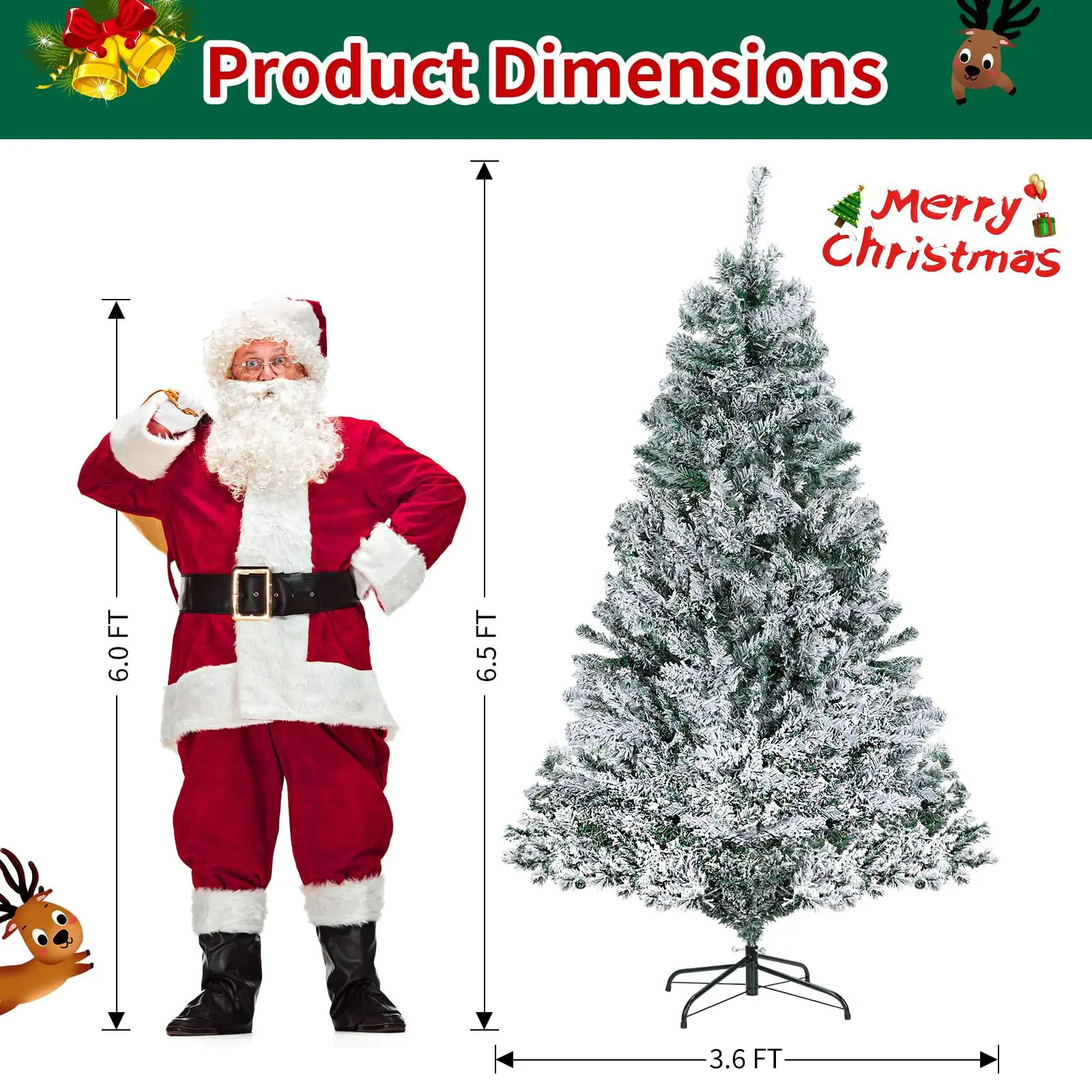 6.5FT Artificial Christmas Tree with 470 Warm White & Colored Change Lights, Snow Flocked Full Prelighted Xmas Tree with 720 Branch Tips & 8 Lighting Modes for Home Holiday Party Decorations, White