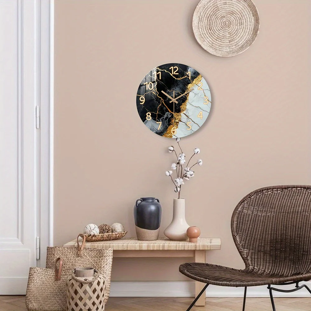 1pc Wooden Wall Clock, Fantasy Theme - Black and White Marble with Golden Lines Pattern Tempered Film Veneer Silent Clock, Suitable for Living Room, Modern Office Decoration, a Stylish Gift for Those Who Prefer Minimalist and Luxurious Styles on Im