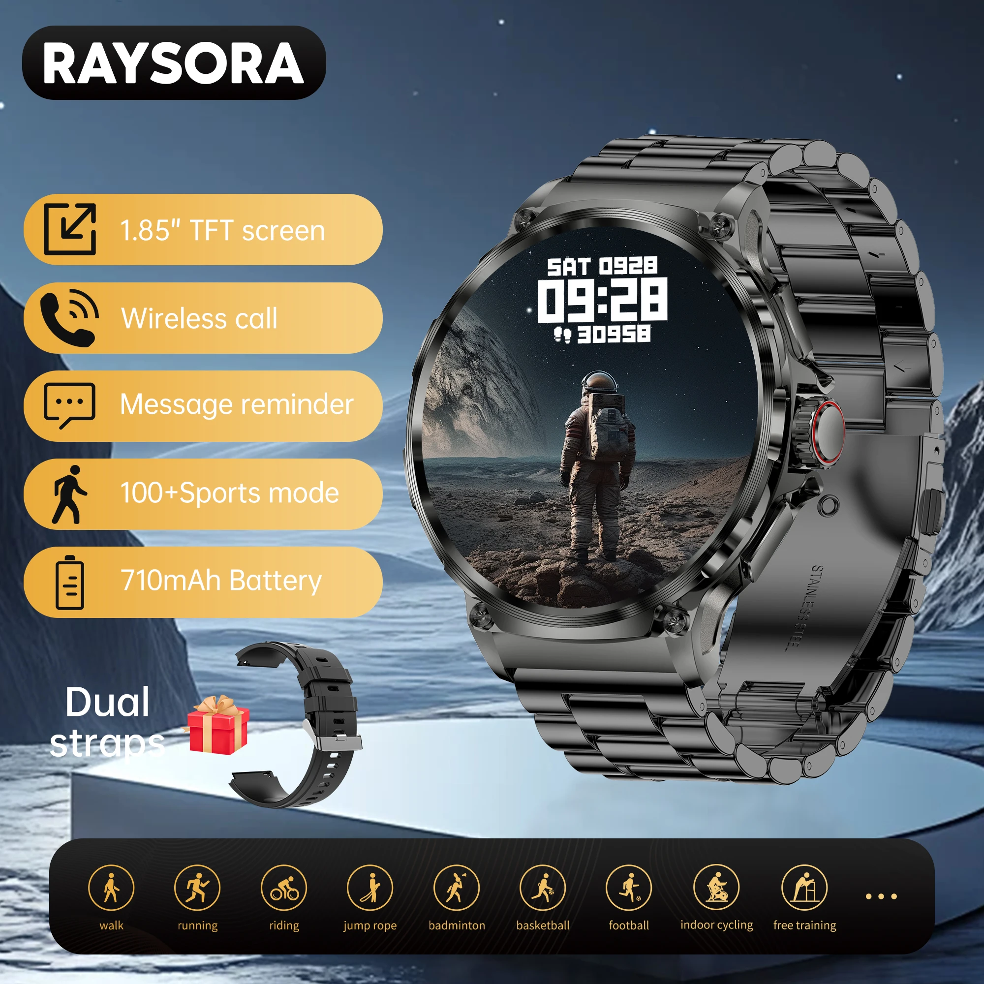 

RAYSORA smartwatch, 1.85-inch large screen, 710 Amh long-lasting battery, wireless calling, information display, sleep monitorin