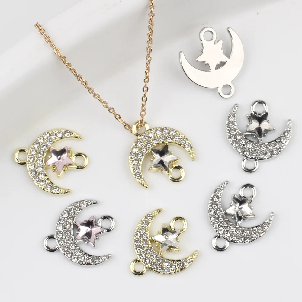 

10pcs/lot Simple Zinc Alloy Zircon Inlaid Stars And Moon Double Connector DIY Handmade Necklaces Jewelry Accessories