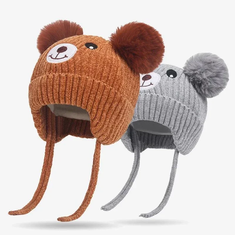 Cartoon Bear Baby Hat with Strap Winter Warm Knitted Velvet Child Boys Girls Hat Bonnet 1-5Years Infant Toddler Kids Beanie Caps