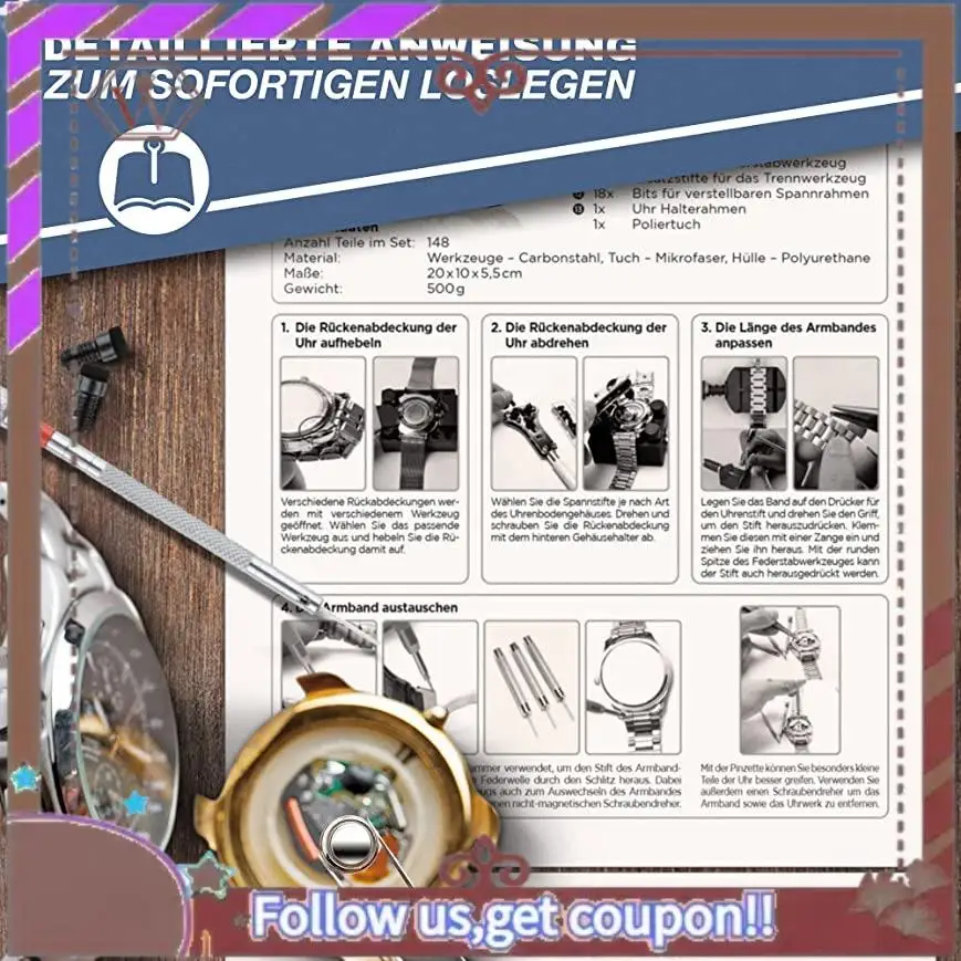 

Инструмент для часов ABBG-Premium — набор инструментов для часовщика из 148 предметов — с открывателем для часов для замены батареи и уплотнений — углеродистая сталь