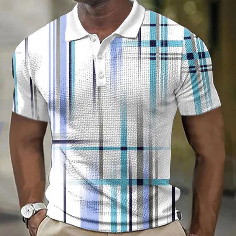 

Summer New Men's Polo Shirt Button Lapel Striped Pattern 3D Printed Daily Casual Short-sleeved Polo Shirt