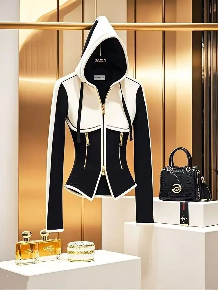 

2024, весенне-осенний кардиган с капюшоном и застежкой-молнией на шнурке, куртки для женщин, тонкие повседневные белые, черные контрастные укороченные топы с длинными рукавами