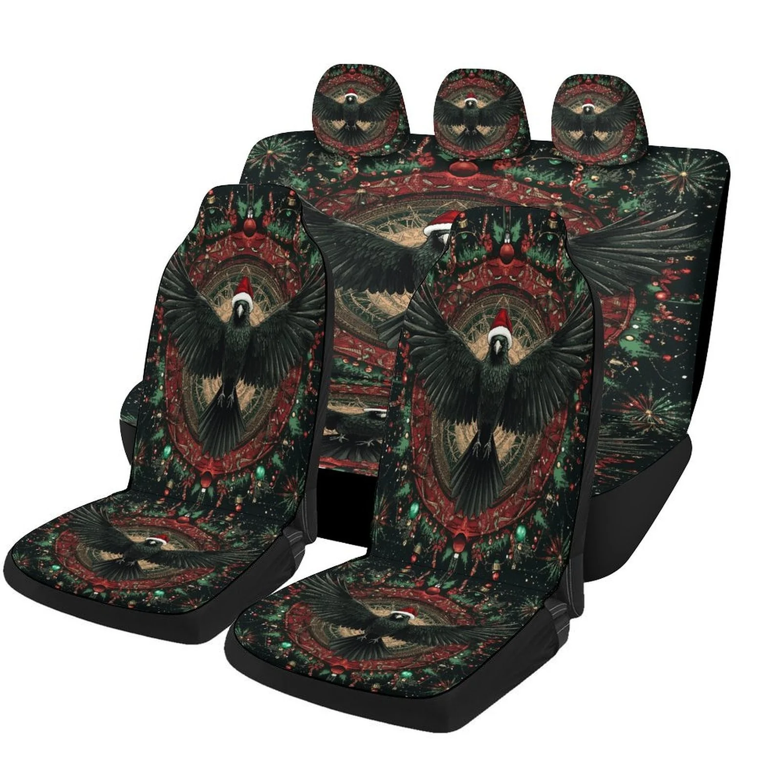 Christmas Raven Mandala Themed Car Seat Cover Set For Most Cars, Trendy High-quality Car Seat Protector Covers Full Set, Car Se