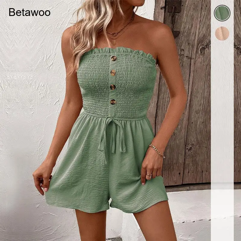 Women Solid Color Strapless Shirred Bodice Button Decor Drawstring Waist Summer Romper