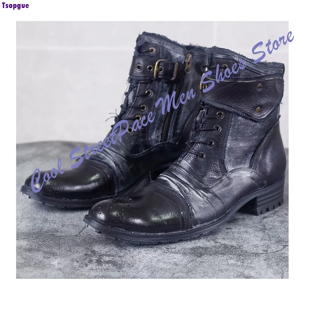 British Style Men's Zipper Work Boots Chelsea Retro Trendy Cowboy Boots Distressed Lace-up Buckle Belt Handmade Gentelmen Shoes