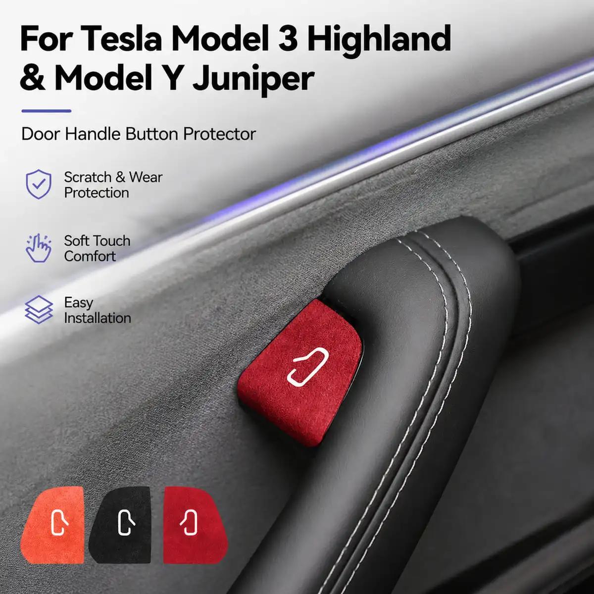 Fit For Tesla Model 3 Highland 2024-Now Model Y Juniper 2025-Now Door Button Protective Suede Trim Stickers Orange Black Red