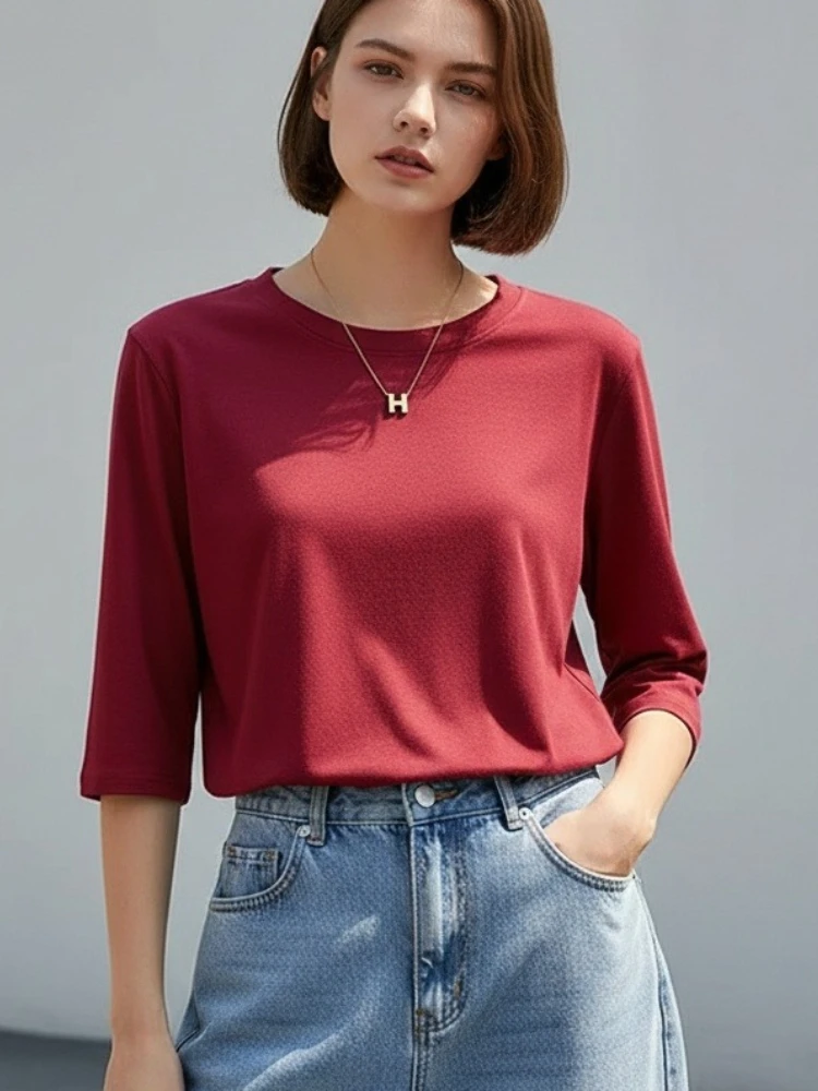 AOSSVIAO 2026 Sommer 100% Baumwolle Damen T-Shirt Basic Rundhals Modisch Einfarbig Kurzarm Oberteil – Detail 3
