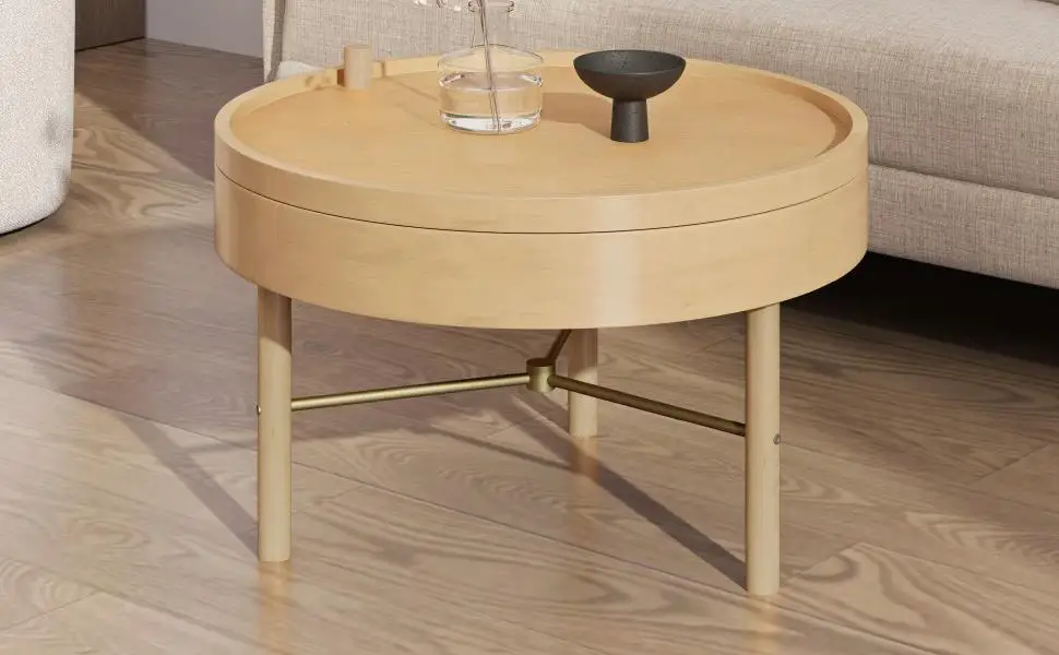 Modern Round Coffee Table with Storage - Wood Rotating Tray & Metal Legs - Natural Finish