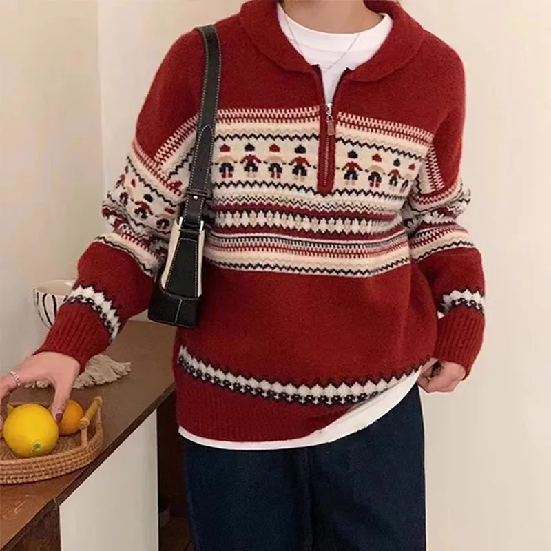 

Рождественский красный свитер на молнии, женский осенне-зимний ленивый стиль, мягкий пушистый вязаный дизайн, модный отложной свитер